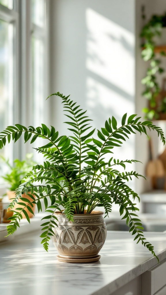 A vibrant fern plant in a decorative pot on a kitchen countertop