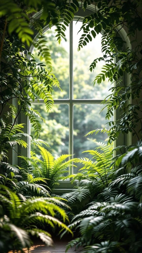 A window framed by lush green ferns, allowing natural light to shine through.