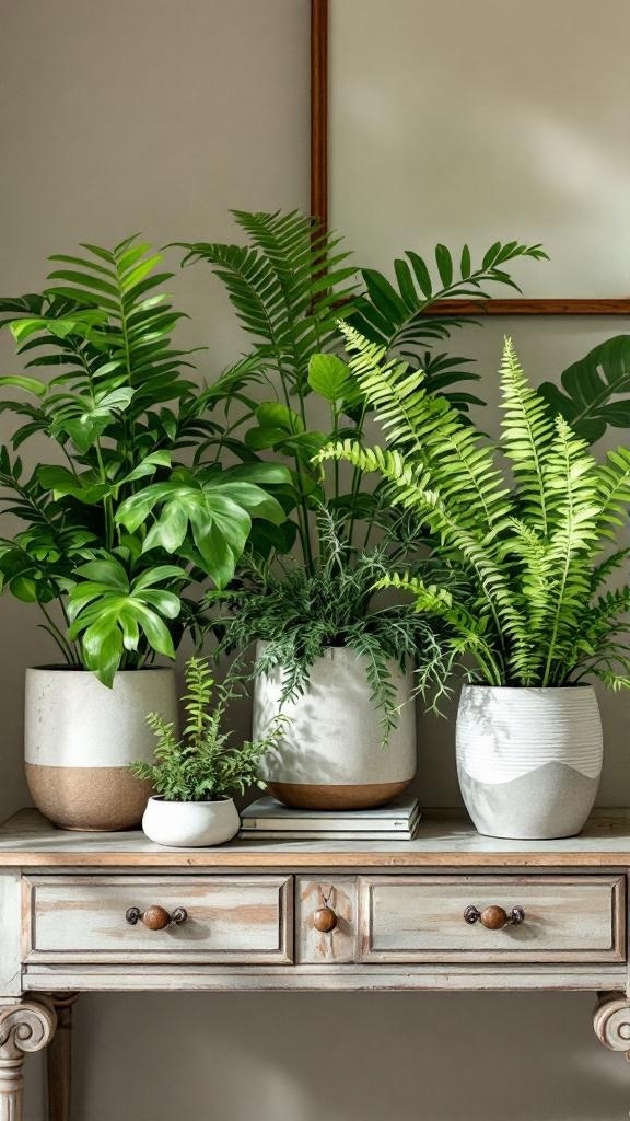 A collection of ferns in decorative pots on a wooden table.