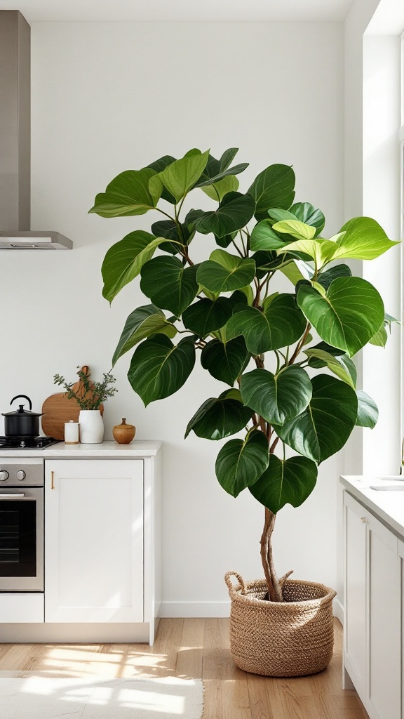 A Fiddle Leaf Fig tree in a modern kitchen setting.