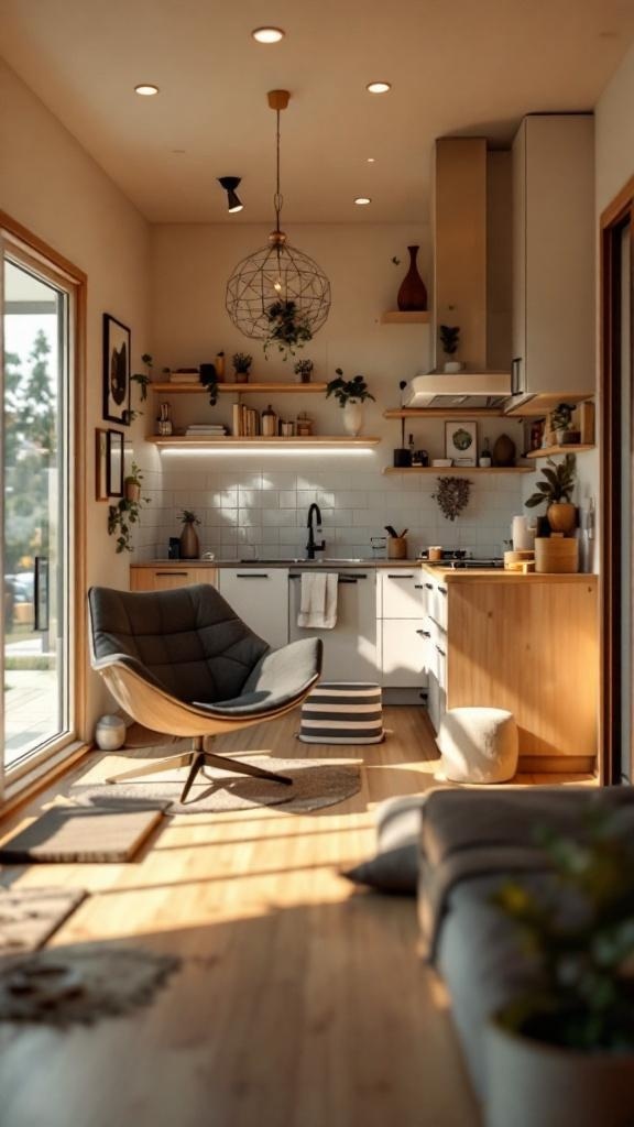 Interior of a luxury tiny house featuring a modern kitchen and cozy living area.