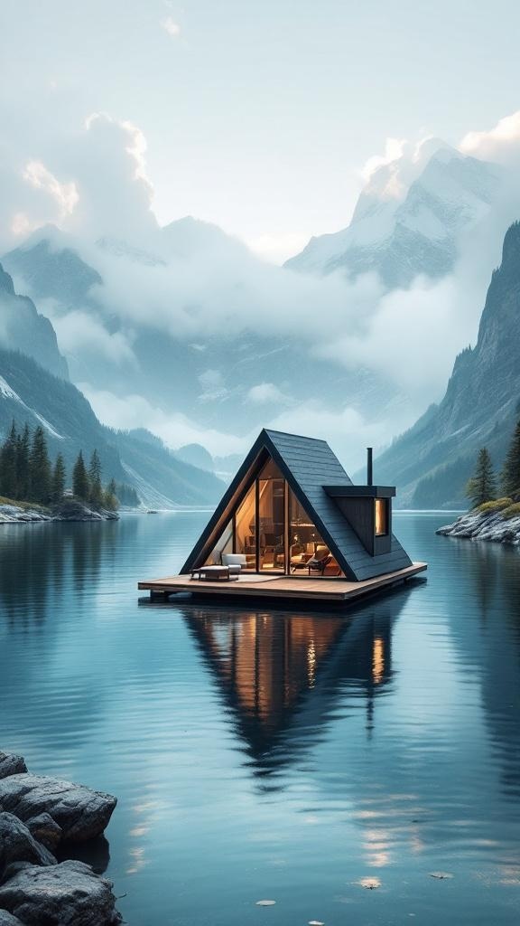 A modern floating tiny house on a serene lake with mountains in the background.