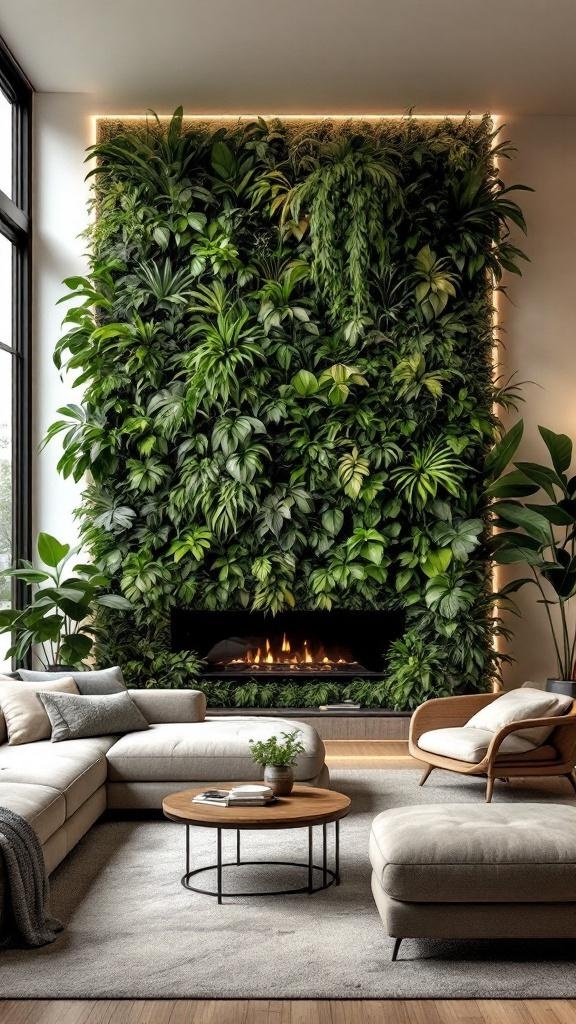 A lush floor-to-ceiling plant wall featuring various green plants in a cozy living room.
