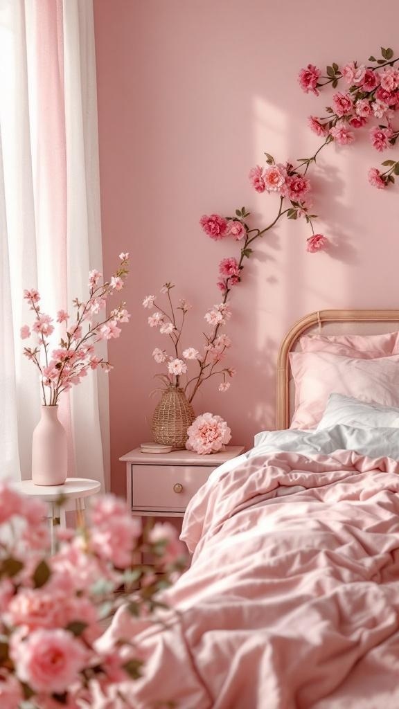 A cozy pink bedroom with floral accents on the walls and bedside table.