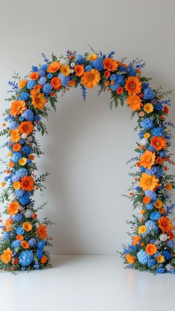 A floral archway adorned with blue and orange flowers, creating a vibrant wedding centerpiece.
