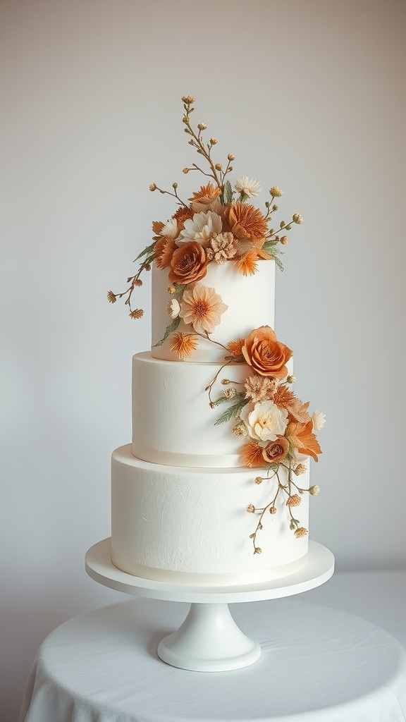 A three-tier wedding cake decorated with dried flowers in khaki and white colors.