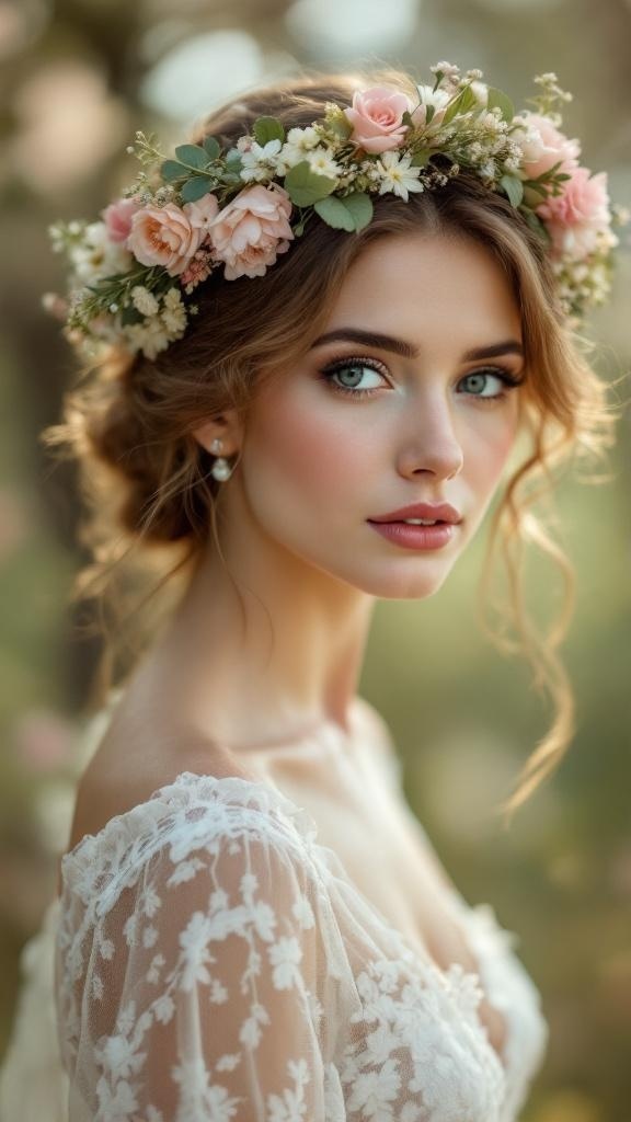 Bride wearing a floral crown with soft blooms and greenery