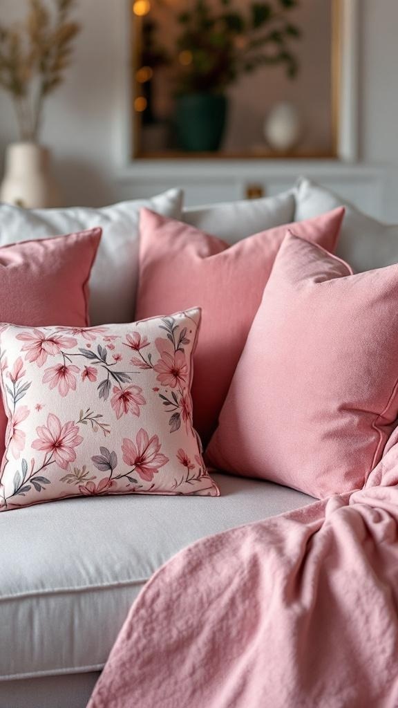 A cozy sofa with pink floral throw pillows and a soft blanket.