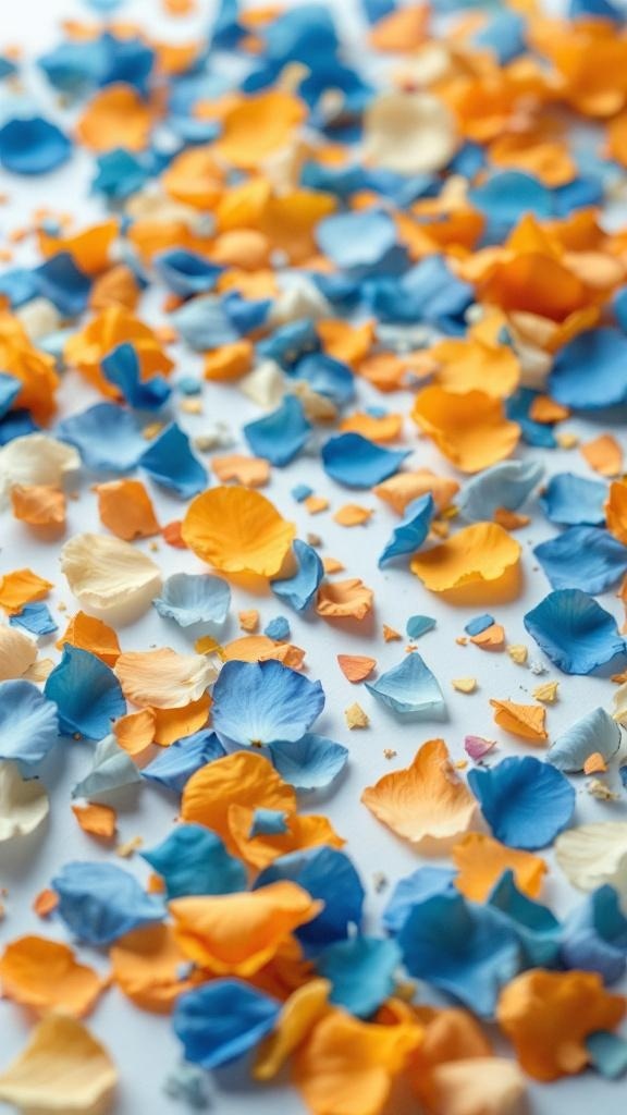 Colorful blue and orange flower petal confetti scattered on a white surface.