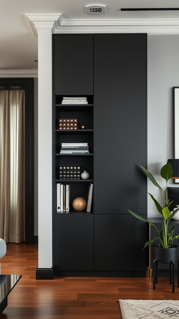 A stylish black storage cabinet with open shelves and closed compartments in a chic apartment setting.