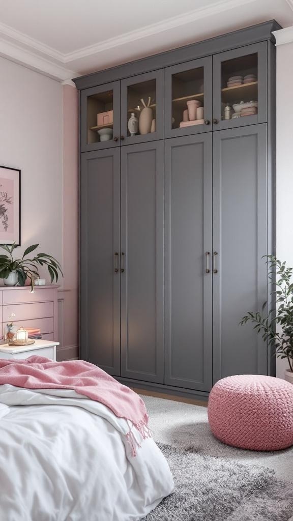 A stylish grey wardrobe with glass doors in a pink and grey bedroom, showcasing decorative items.