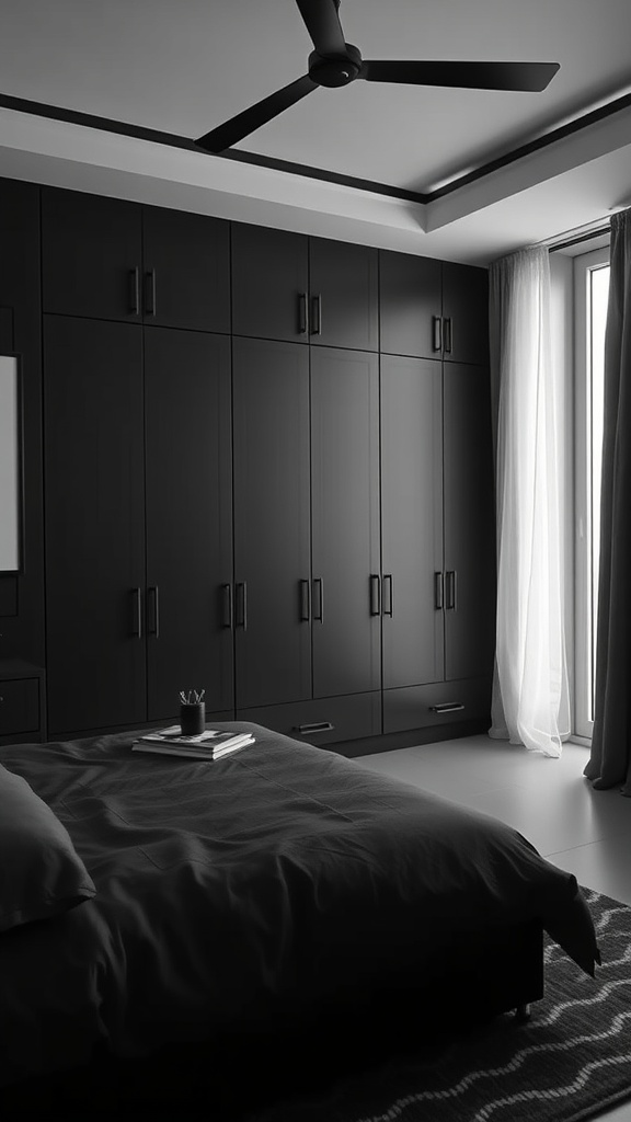 A cozy black bedroom featuring sleek storage solutions and a comfortable bed.