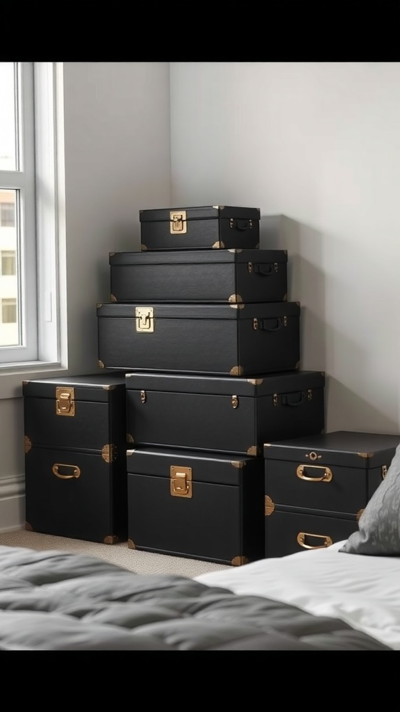 Stacked black storage boxes with gold accents in a cozy bedroom