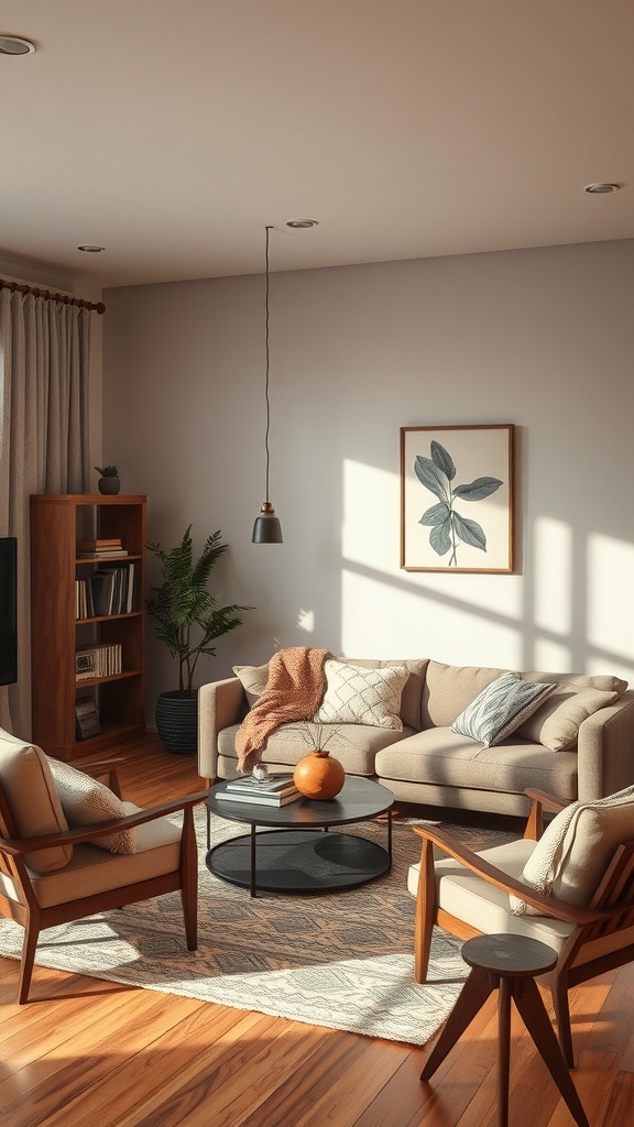 Cozy living room with soft sofa, armchairs, and a round coffee table.