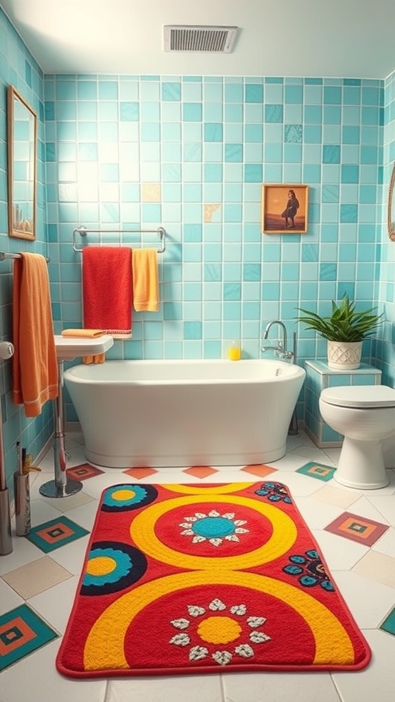 A colorful bath mat with circular patterns in a retro-themed bathroom.