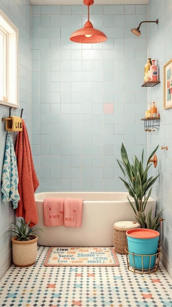 A colorful bathroom with a funky shower caddy, featuring retro tiles and vibrant decor.
