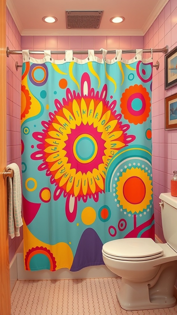 A colorful shower curtain with bold patterns in a retro style.