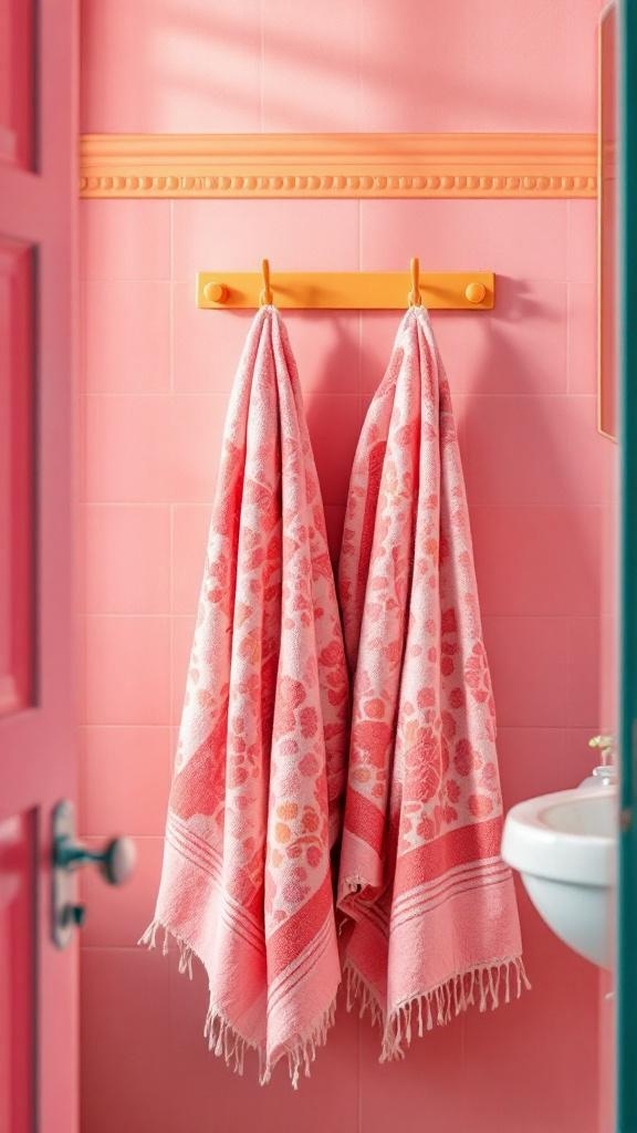 A bright orange towel rack holding two pink patterned towels in a pink bathroom.
