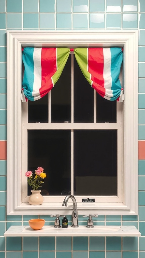 A colorful striped valance over a window in a retro bathroom with blue tiles.
