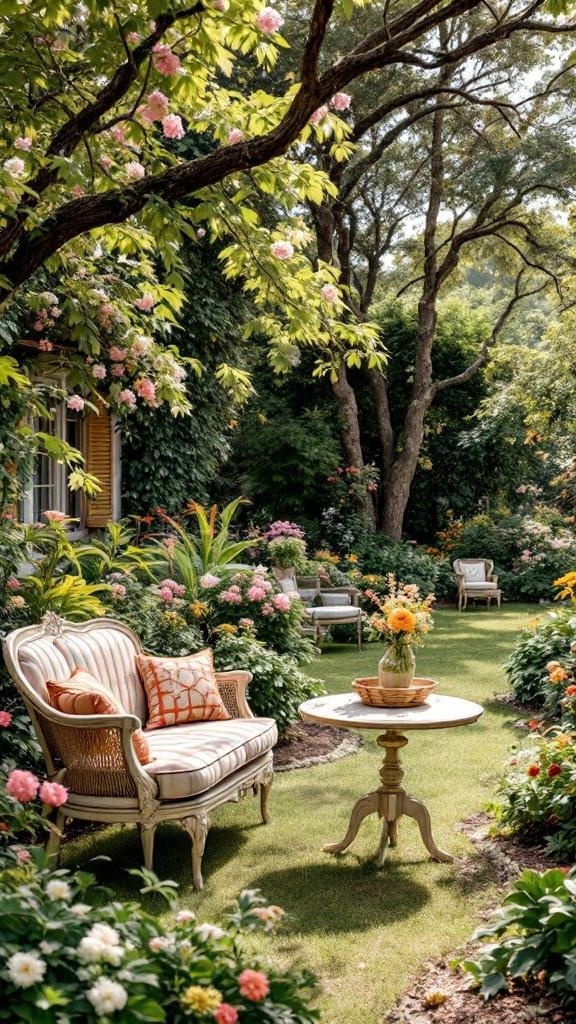 A beautiful garden with vintage furniture, including a striped loveseat and a small table, surrounded by colorful flowers.