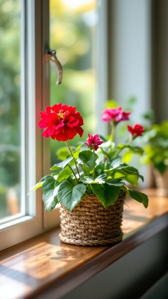Red geranium flowers in a woven basket on a windowsill