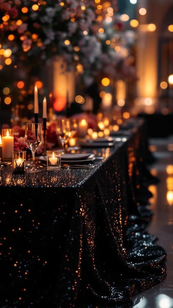 A beautifully set wedding reception table with black sequined tablecloths, candles, and floral arrangements.