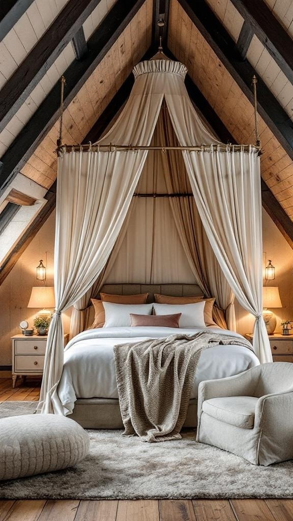Cozy attic room with a canopy bed, warm wood tones, and stylish decor.