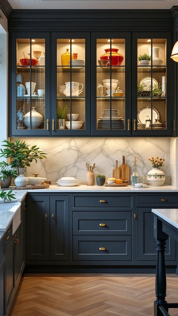A stylish kitchen featuring glass-front cabinets showcasing colorful dishware and decorative items.