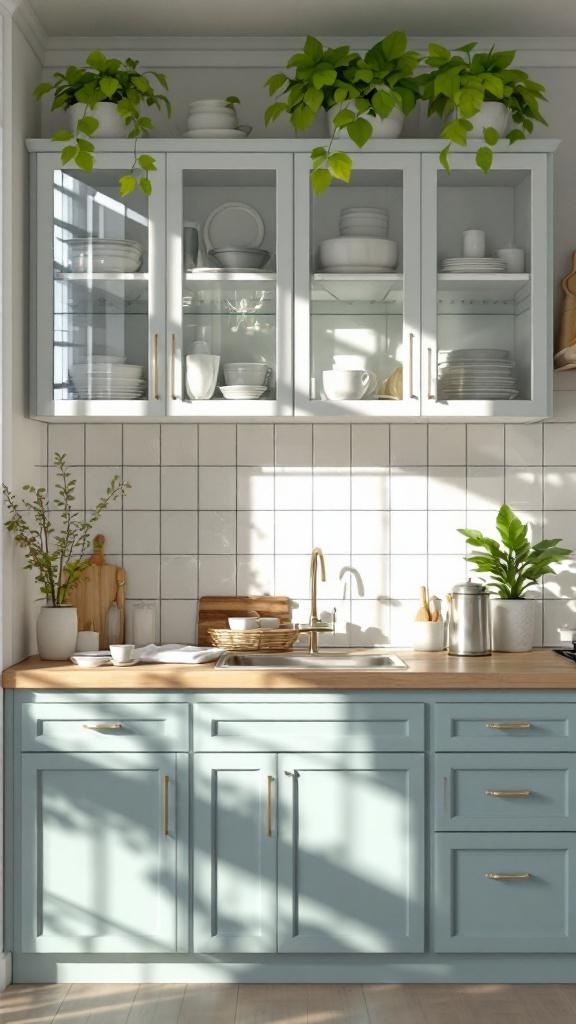 A kitchen with glass cabinets showcasing white dishes and green plants.