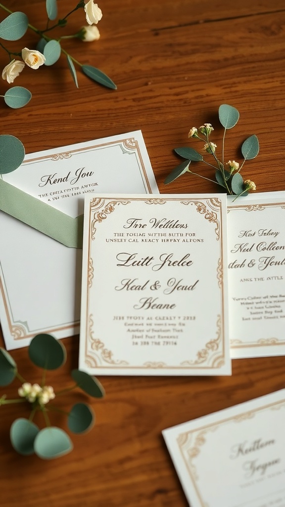 Gold-trimmed wedding invitations with floral accents on a wooden table.