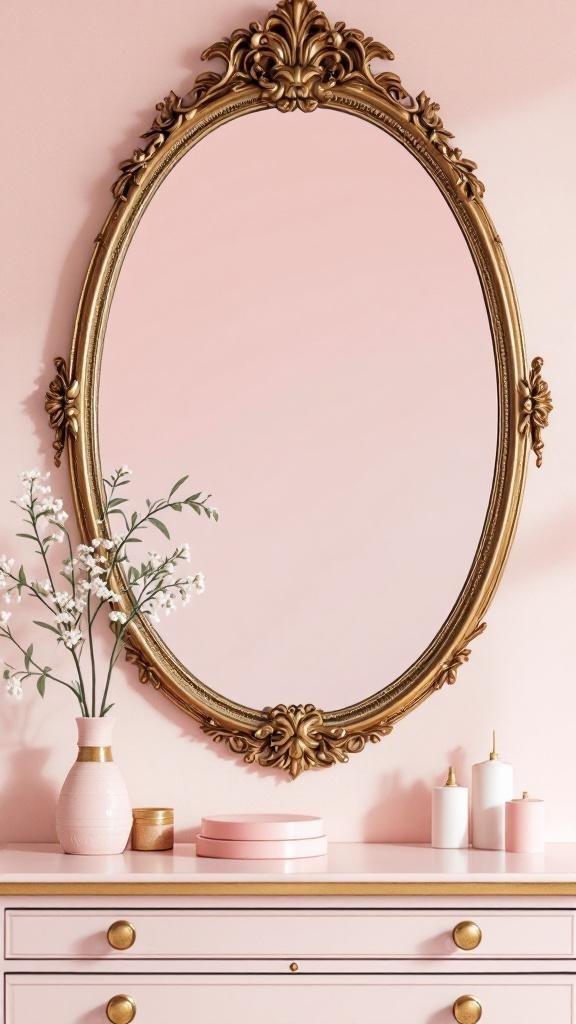 A gold-trimmed mirror on a pink wall with decorative items.