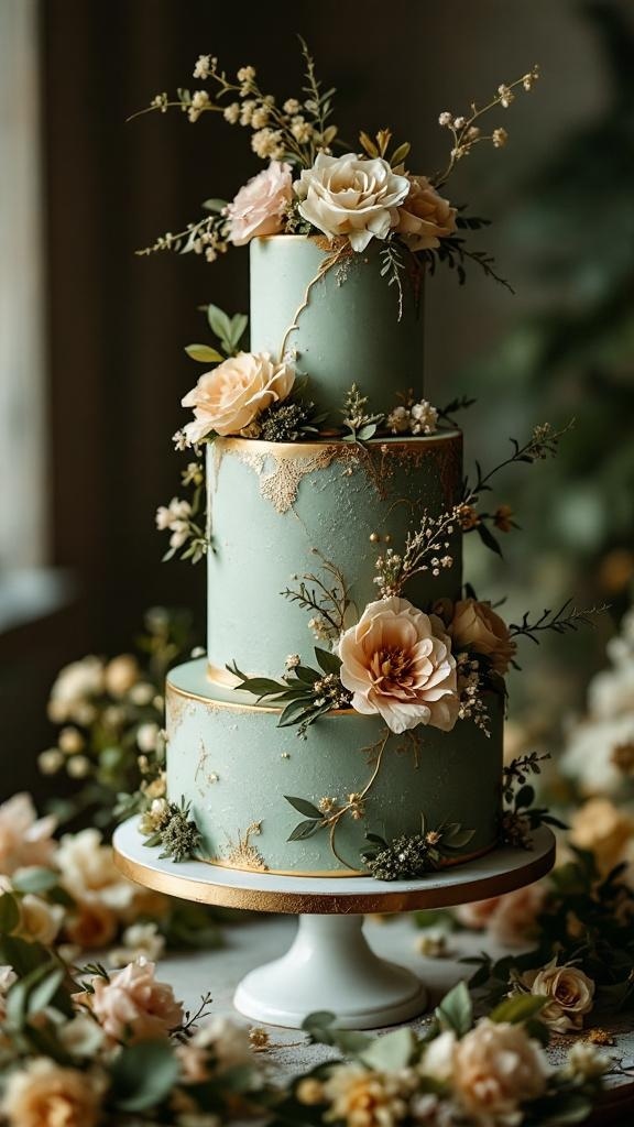 A three-tiered wedding cake in sage green with gold accents and floral decorations.