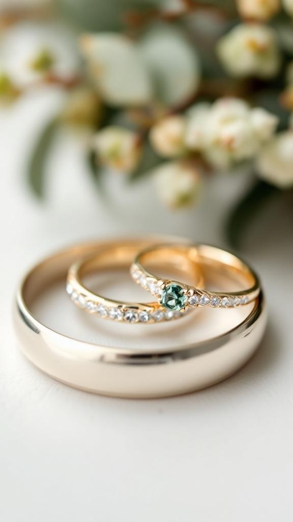 Two wedding rings with gold accents and a green stone, surrounded by flowers.
