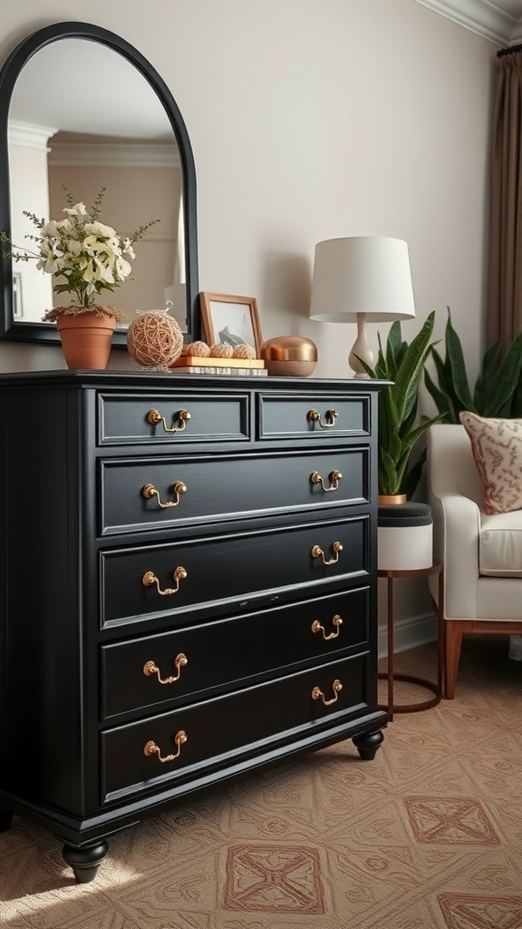 A stylish black dresser with gold accents and a round mirror.