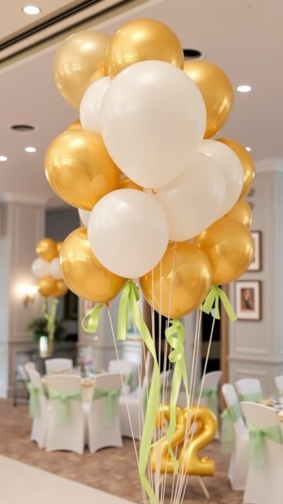 A cluster of gold and white balloons in a wedding setting