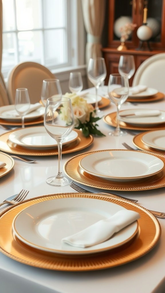 Elegant table setting with gold charger plates, white plates, and glassware.