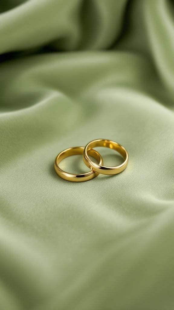 Gold wedding rings on sage green velvet fabric.