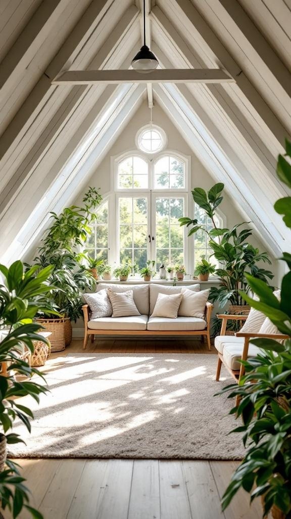 A cozy sunroom filled with greenery, featuring a comfortable sofa and large windows.