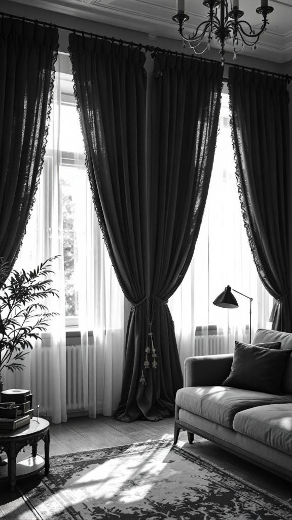 Gothic-inspired curtains in a living room with a cozy sofa and decorative elements.