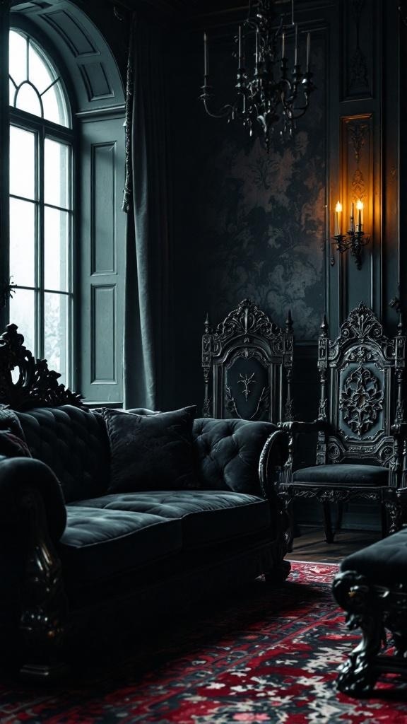 A gothic-inspired living room featuring dark furniture, intricate designs, and a cozy atmosphere.