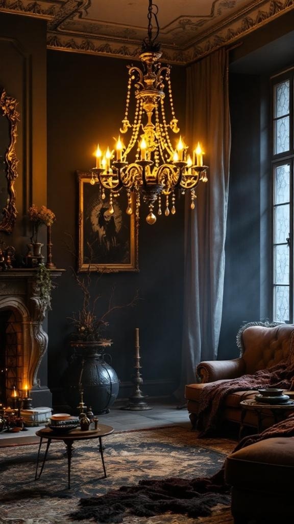 A gothic chandelier hanging in a darkly decorated living room with warm lighting.