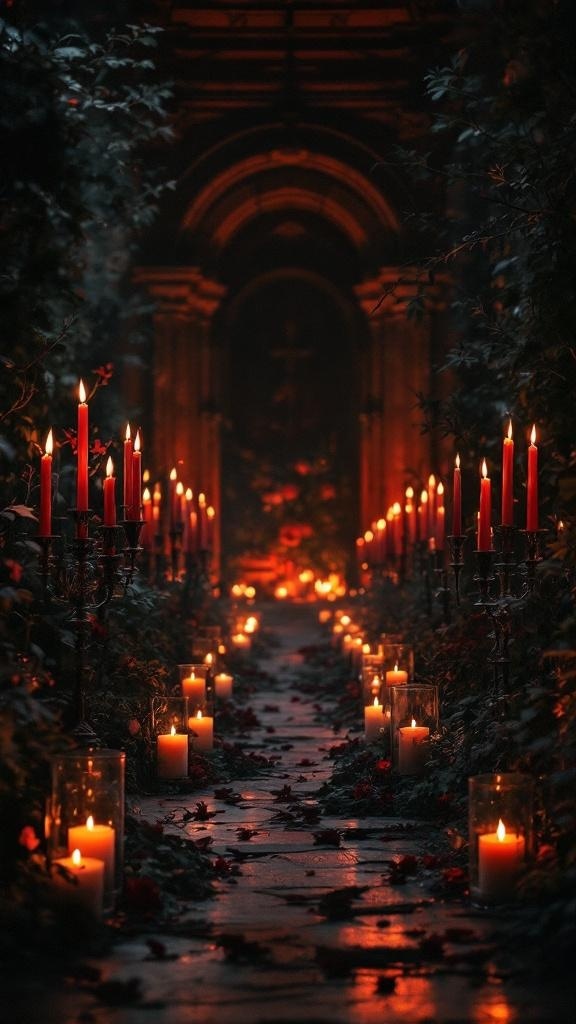 A romantic gothic wedding setting with candles and dark accents.