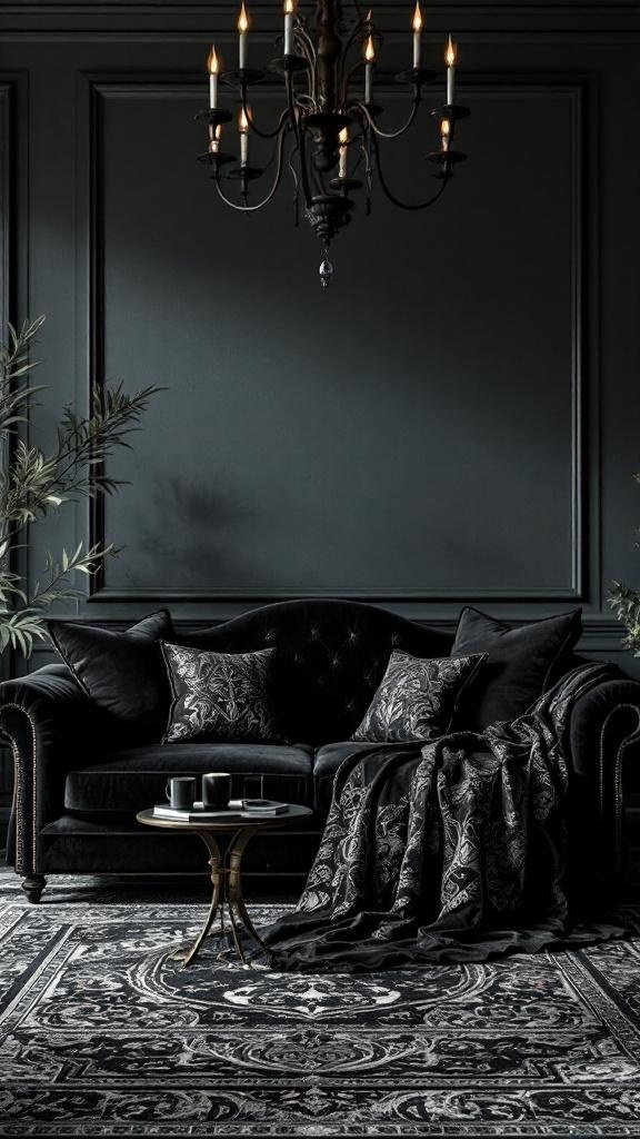 A gothic velvet sofa with decorative pillows and a cozy blanket, set in a dark, stylish living room.