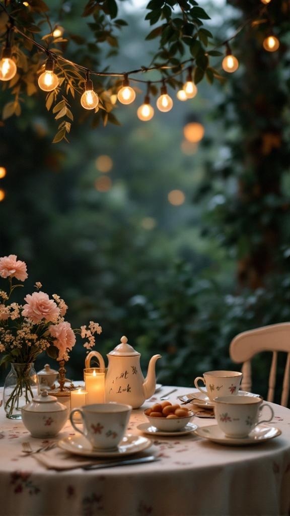 A beautifully set table for a vintage tea party wedding with string lights overhead.