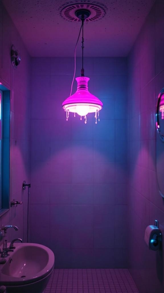 A colorful pendant light hanging in a bathroom, casting a groovy glow.