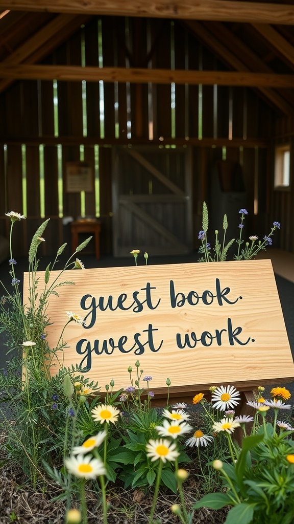 A wooden sign that reads 'guest book. guest work.' surrounded by wildflowers in a rustic barn setting.