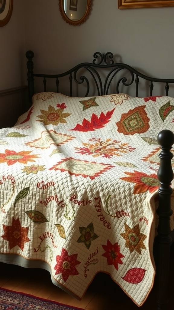 A beautifully crafted handmade quilt with autumn leaves and floral designs draped over a bed.