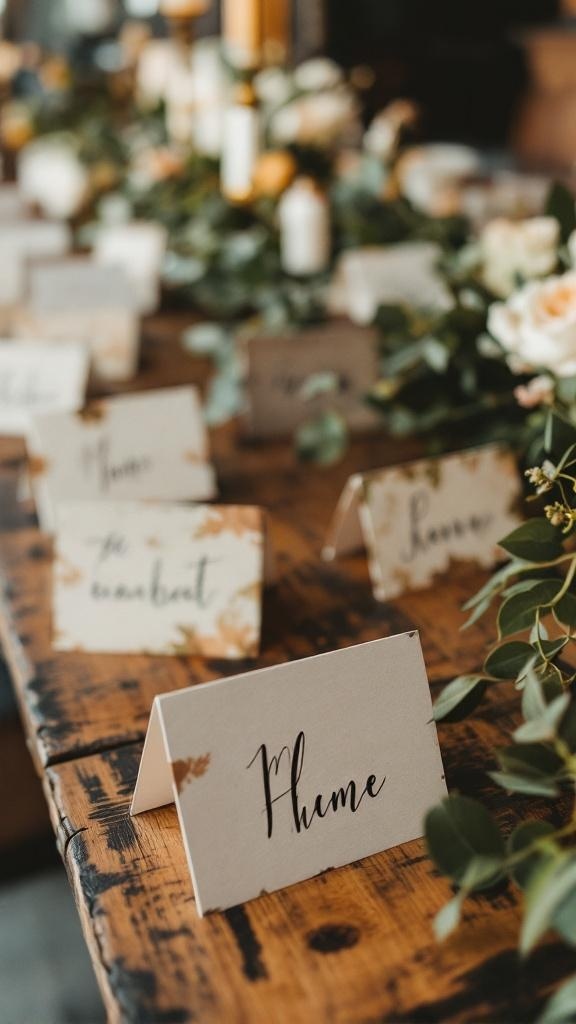Handwritten place cards on a wooden table with greenery and flowers.