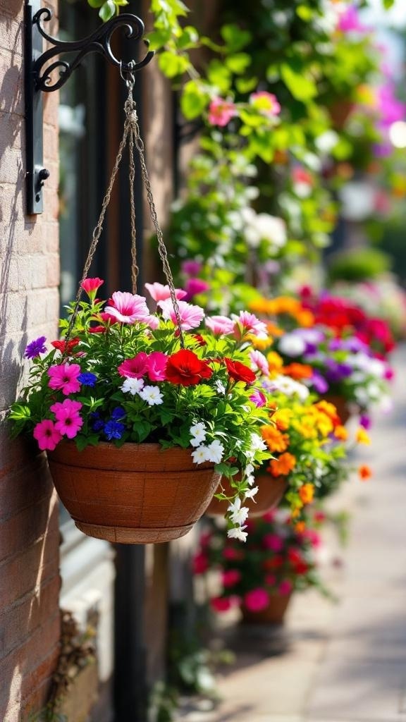 Colorful hanging flower baskets on a brick wall.