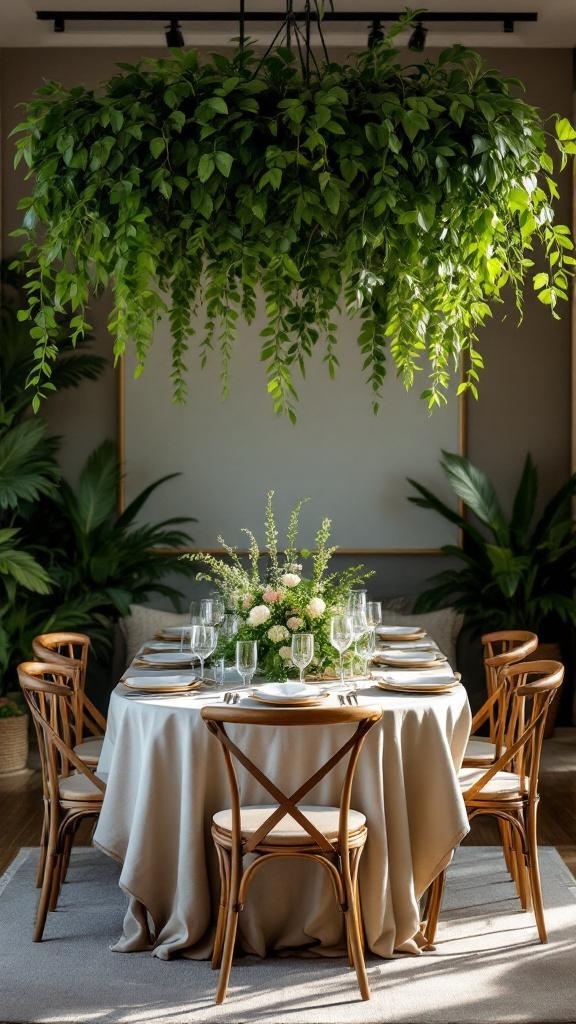 A dining table with a large arrangement of hanging greenery above it.